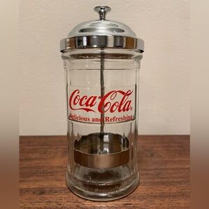 Coca Cola Short Clear Glass Dispenser with Silver Lid 1992